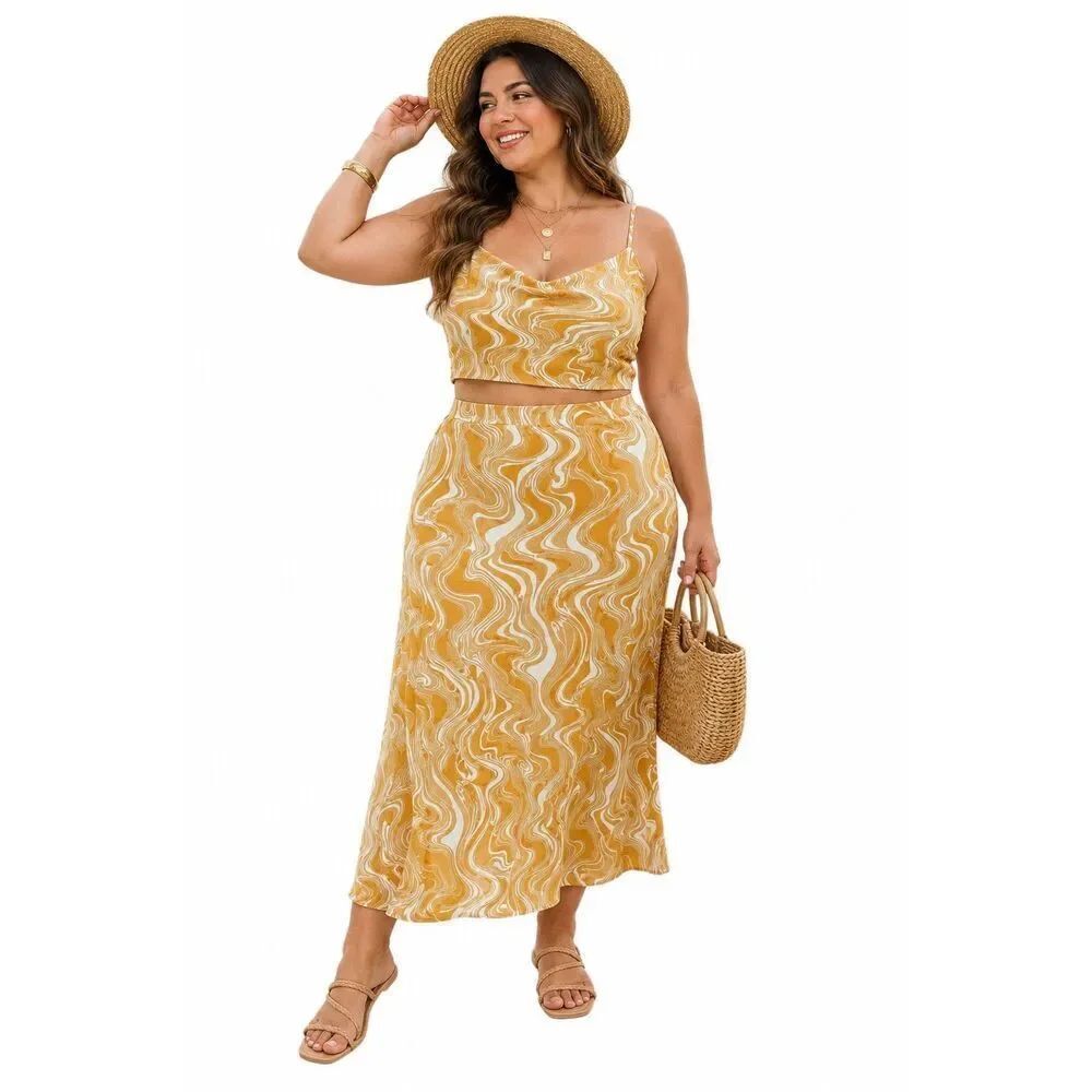 Caara Orange Abstract Swirl Two Piece Maxi Skirt Set Crop Top XL Boho Resort